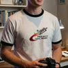 White Ringer Tee With Colorful Rocket Launch Embroidery 
