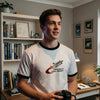 Man Wearing Ringer T-Shirt Featuring Project Hail Mary Embroidered Design
