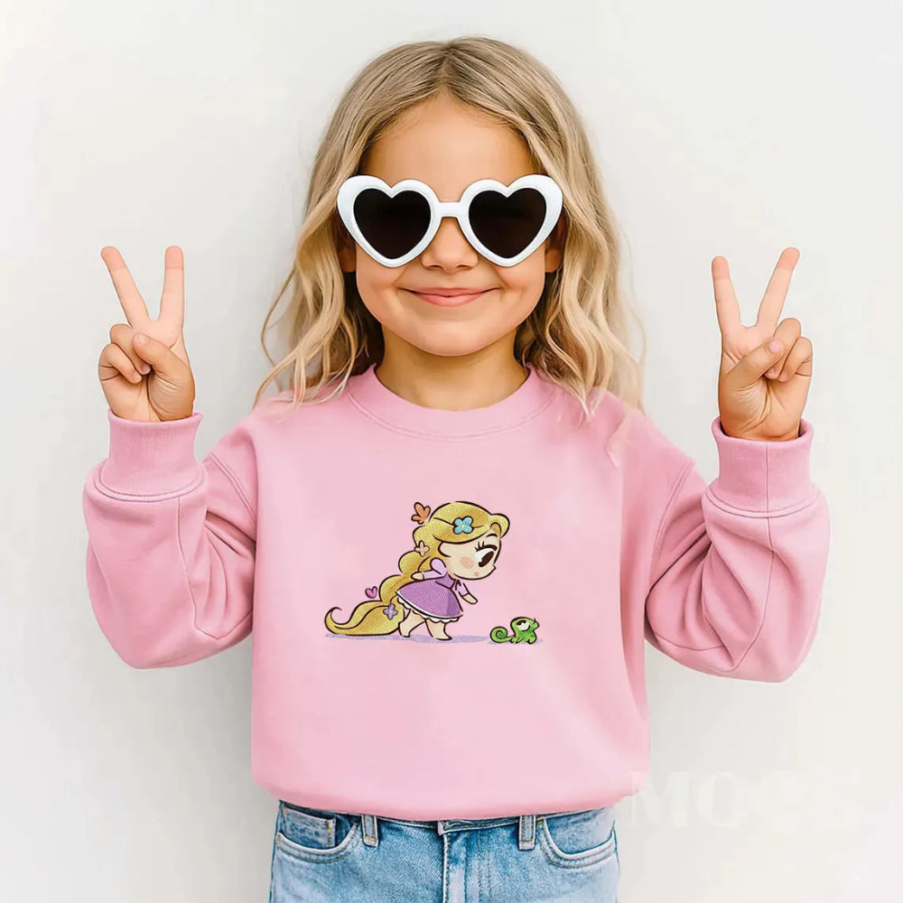 Pink Kids Rapunzel Hoodie Featuring Long Golden Hair Embroidery Style