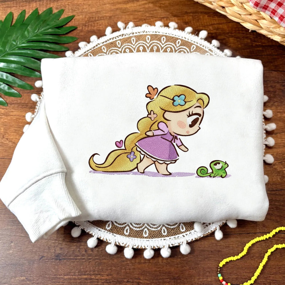 White Embroidered Pullover Featuring Chibi Rapunzel And Tiny Pascal Graphic