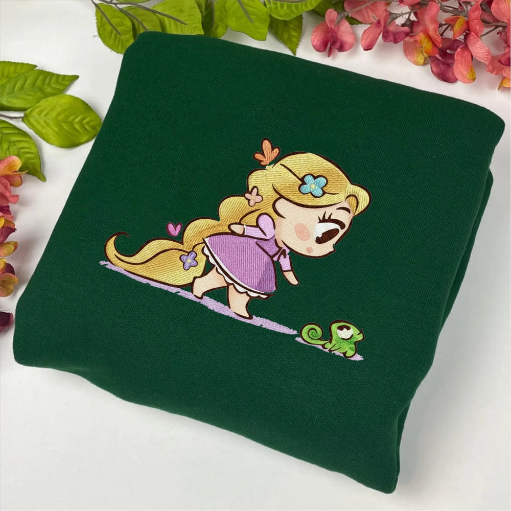 Forest Green Sweater With Cute Rapunzel Flower Embroidery Art Detail