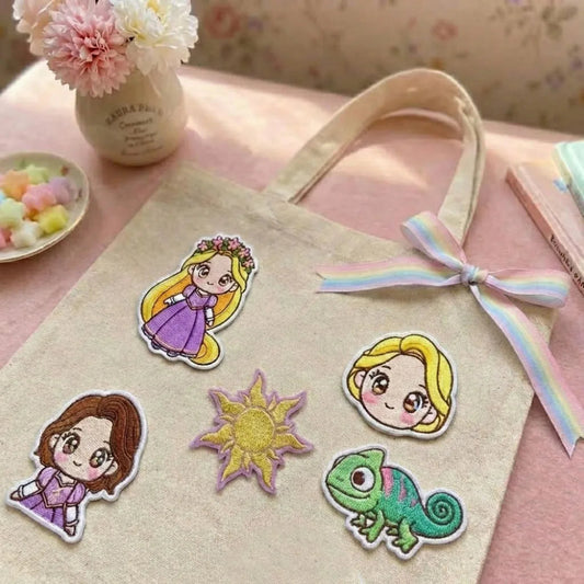 Tote Bag Adorned With Cute Rapunzel Chibi Patches, Rainbow Ribbon