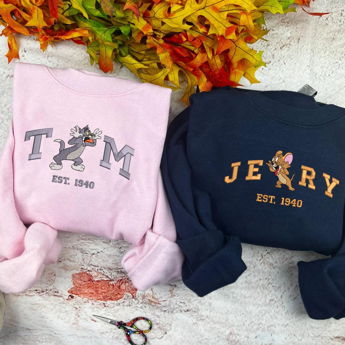Tom and Jerry Embroidered Shirt,  Gifts For Couples Who Love Tom and Jerry