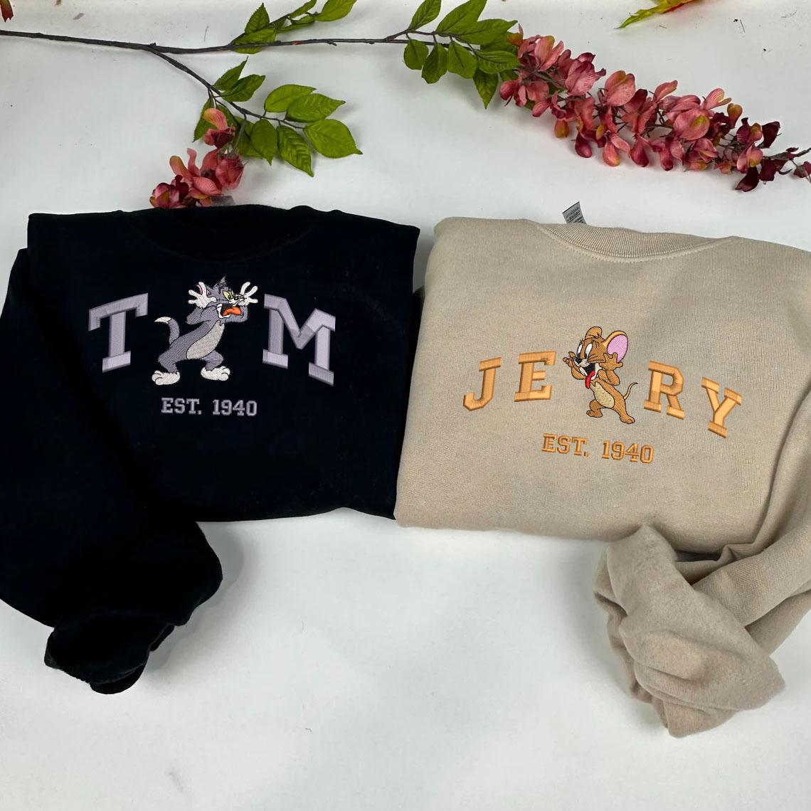 Tom and Jerry Embroidered Shirt,  Gifts For Couples Who Love Tom and Jerry