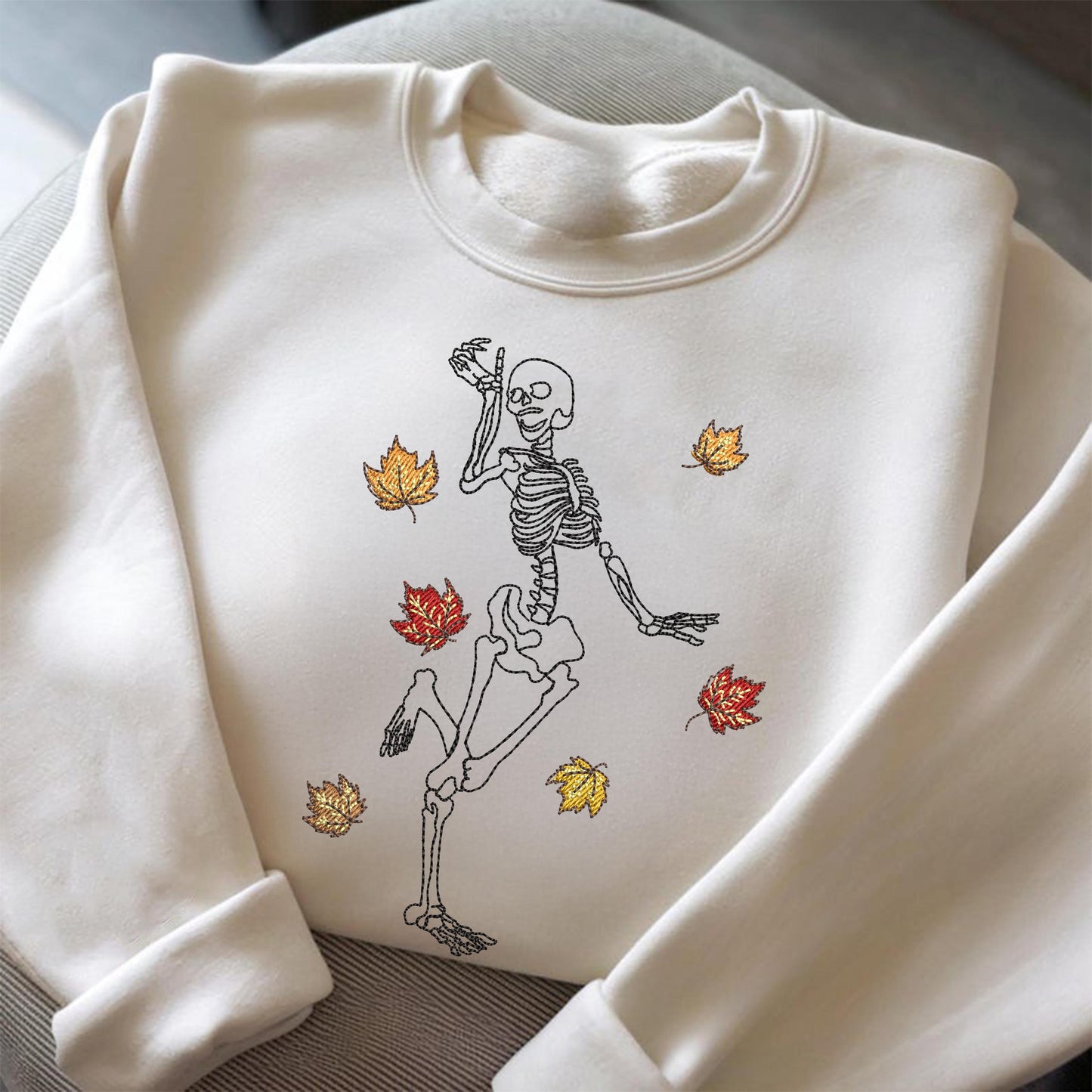 Embroidered Dancing Skeleton Sweatshirt, Cozy Autumn Sweatshirt