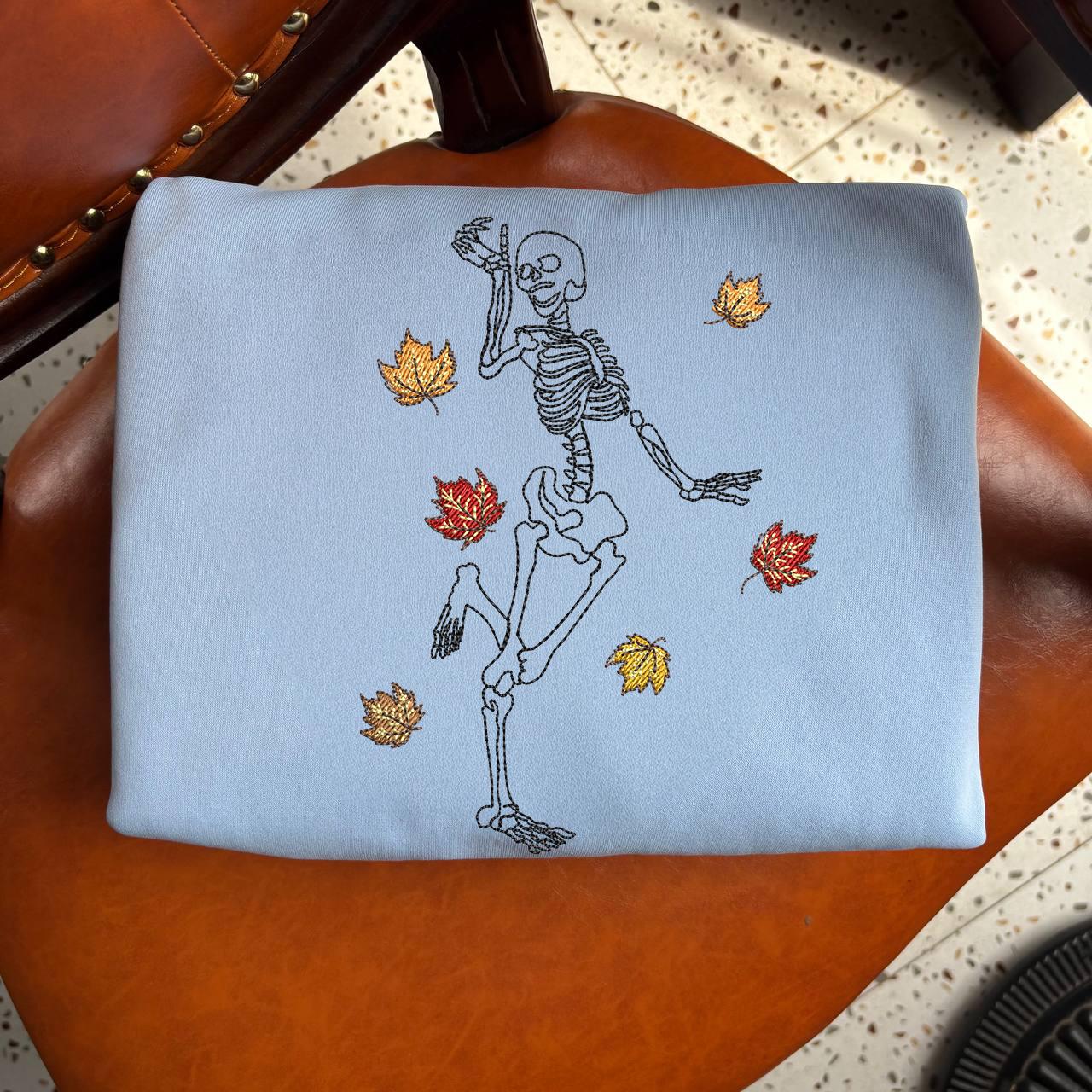 Embroidered Dancing Skeleton Sweatshirt, Cozy Autumn Sweatshirt