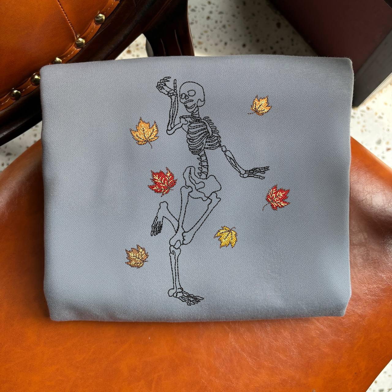 Embroidered Dancing Skeleton Sweatshirt, Cozy Autumn Sweatshirt