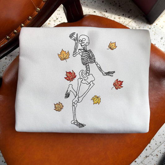 Embroidered Dancing Skeleton Sweatshirt, Cozy Autumn Sweatshirt