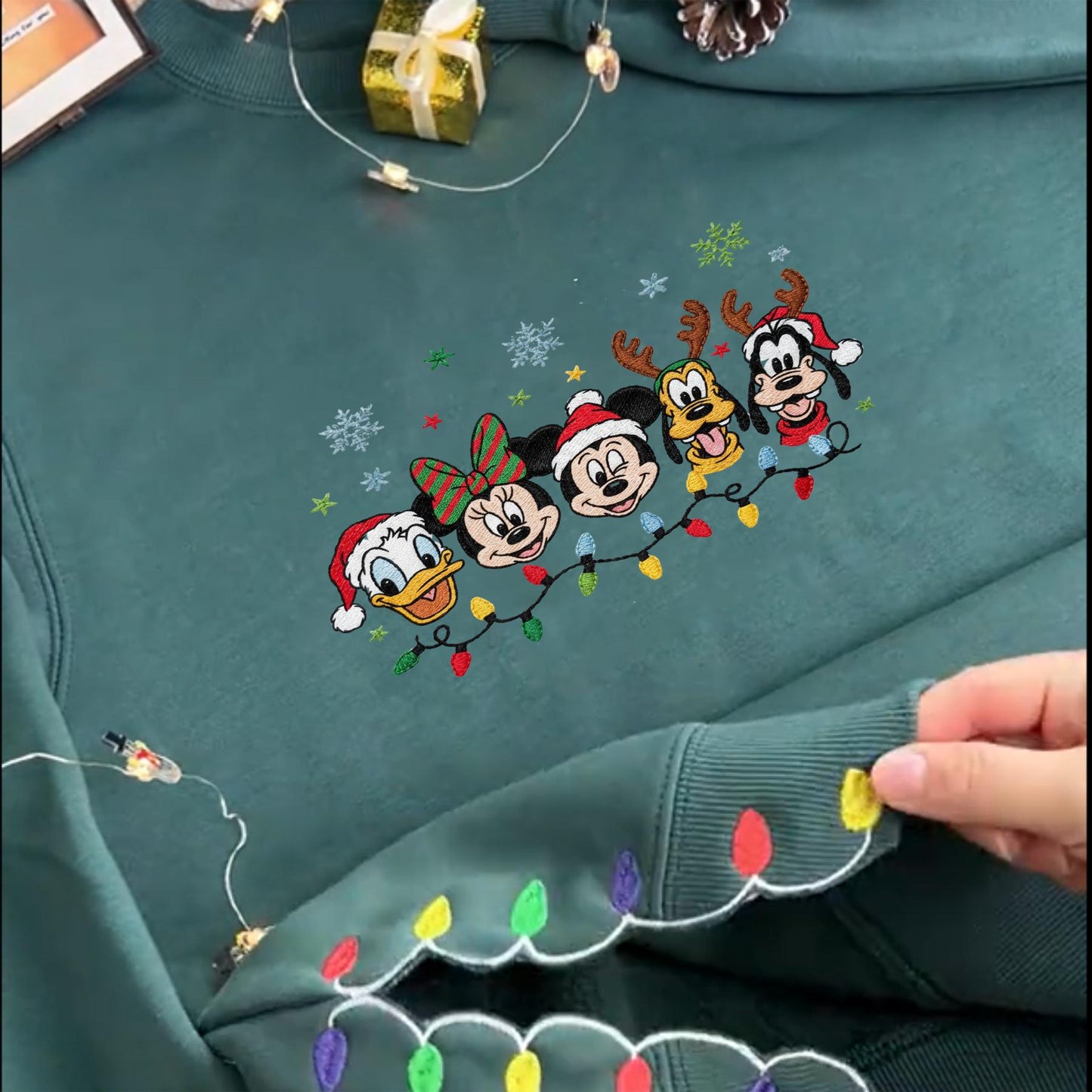 Disney Christmas Embroidered Sweatshirt, Mickey & Friends Holiday Lights Sweater, Cute Festive Embroidery Top, Cozy Winter Disney Gift ESE264
