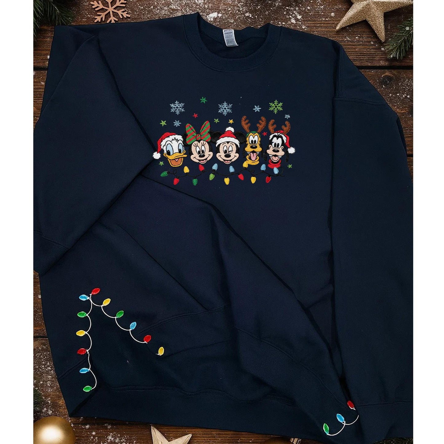 Disney Christmas Embroidered Sweatshirt, Mickey & Friends Holiday Lights Sweater, Cute Festive Embroidery Top, Cozy Winter Disney Gift ESE264
