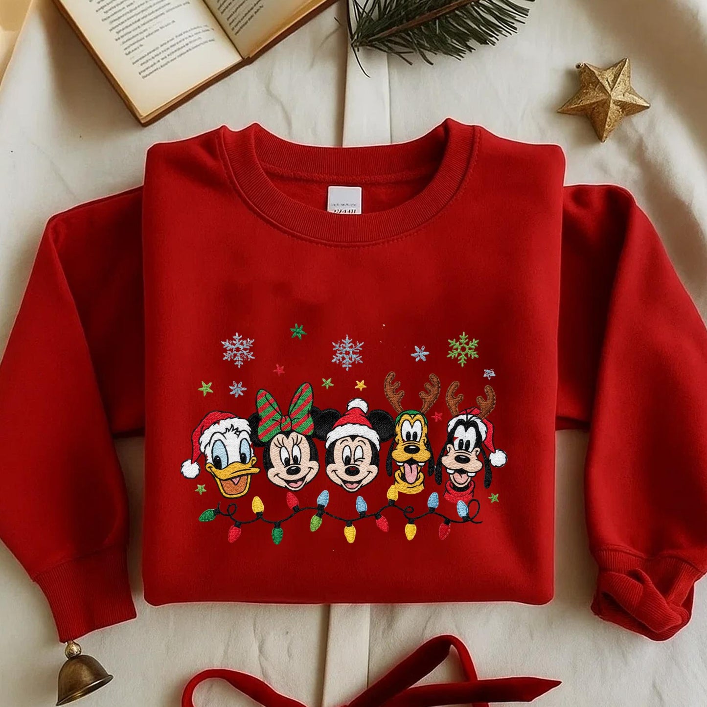 Disney Christmas Embroidered Sweatshirt, Mickey & Friends Holiday Lights Sweater, Cute Festive Embroidery Top, Cozy Winter Disney Gift ESE264