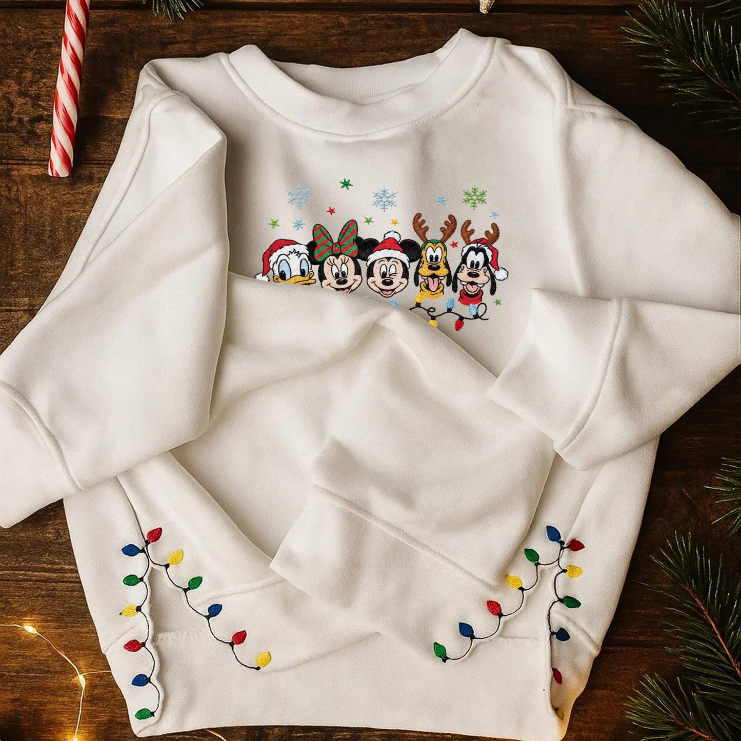 Disney Christmas Embroidered Sweatshirt, Mickey & Friends Holiday Lights Sweater, Cute Festive Embroidery Top, Cozy Winter Disney Gift ESE264