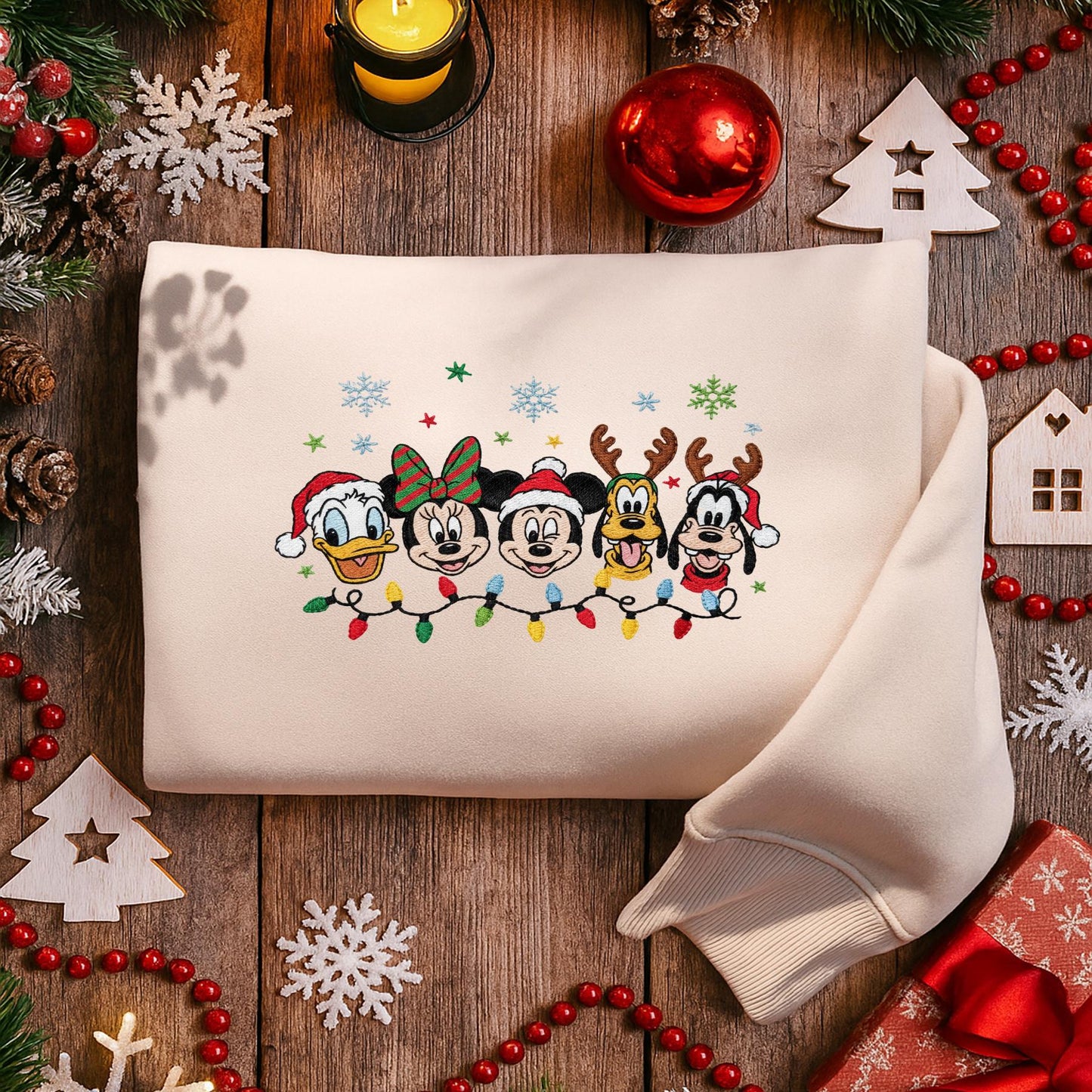 Disney Christmas Embroidered Sweatshirt, Mickey & Friends Holiday Lights Sweater, Cute Festive Embroidery Top, Cozy Winter Disney Gift ESE264