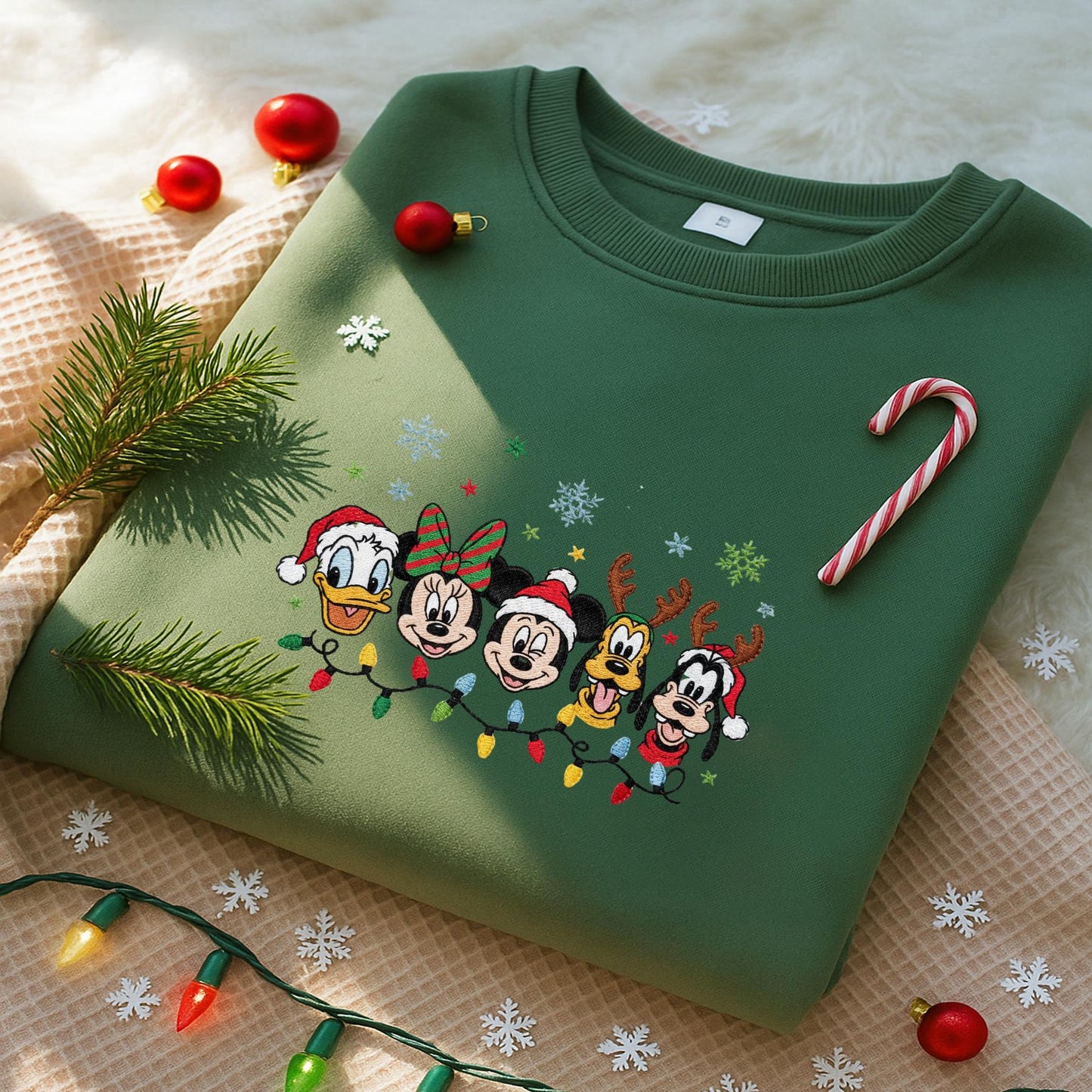 Disney Christmas Embroidered Sweatshirt, Mickey & Friends Holiday Lights Sweater, Cute Festive Embroidery Top, Cozy Winter Disney Gift ESE264