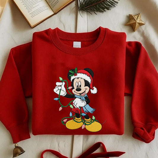 Mickey Mouse Christmas Embroidered Sweatshirt, Disney Holiday Crewneck, Christmas Lights Embroidery Pullover, Cute Winter Gift for Disney Fans