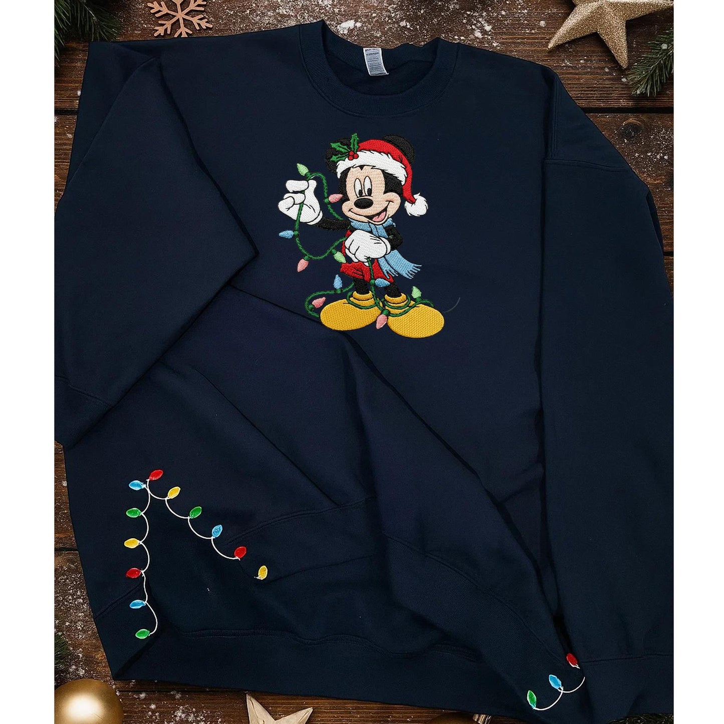 Mickey Mouse Christmas Embroidered Sweatshirt, Disney Holiday Crewneck, Christmas Lights Embroidery Pullover, Cute Winter Gift for Disney Fans