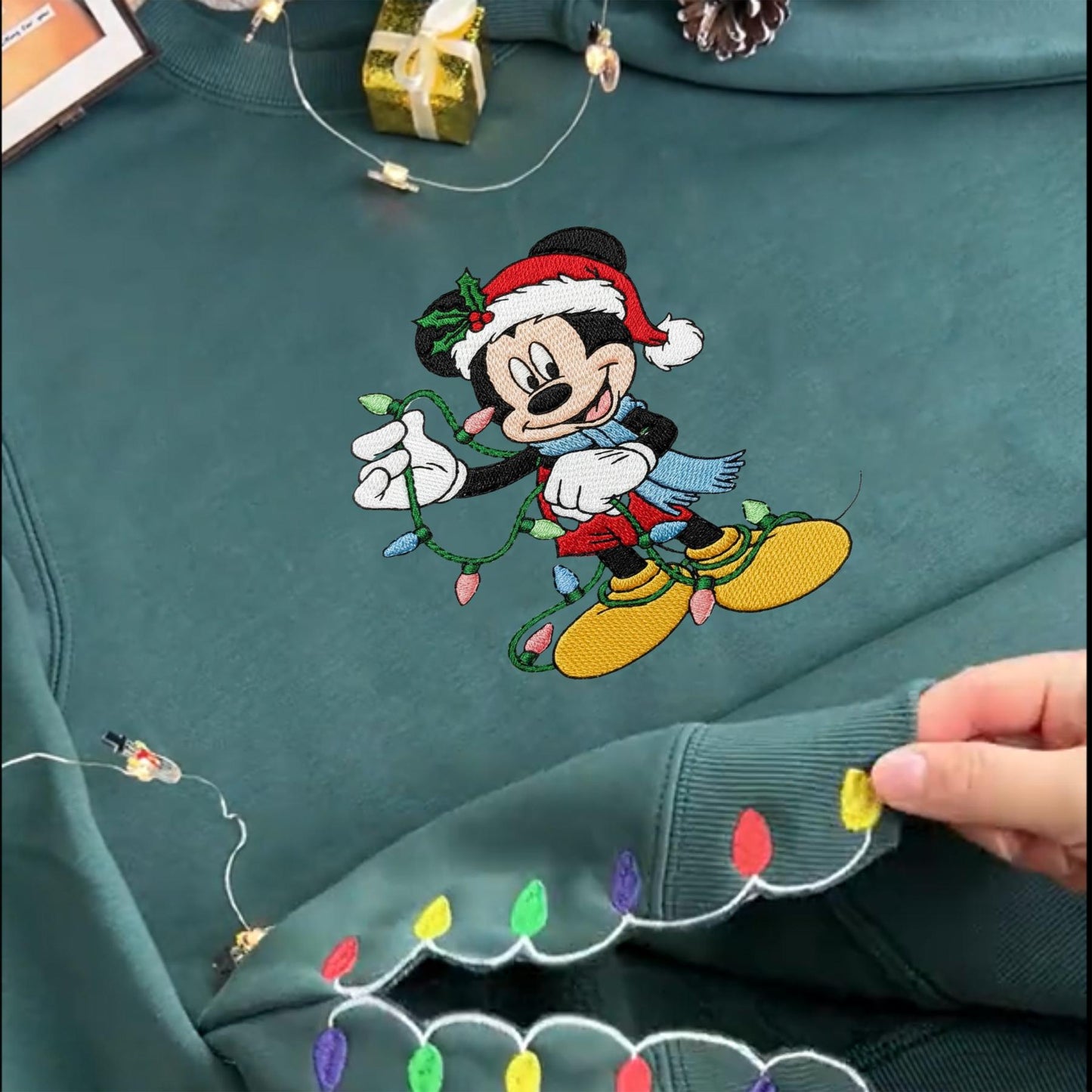 Mickey Mouse Christmas Embroidered Sweatshirt, Disney Holiday Crewneck, Christmas Lights Embroidery Pullover, Cute Winter Gift for Disney Fans