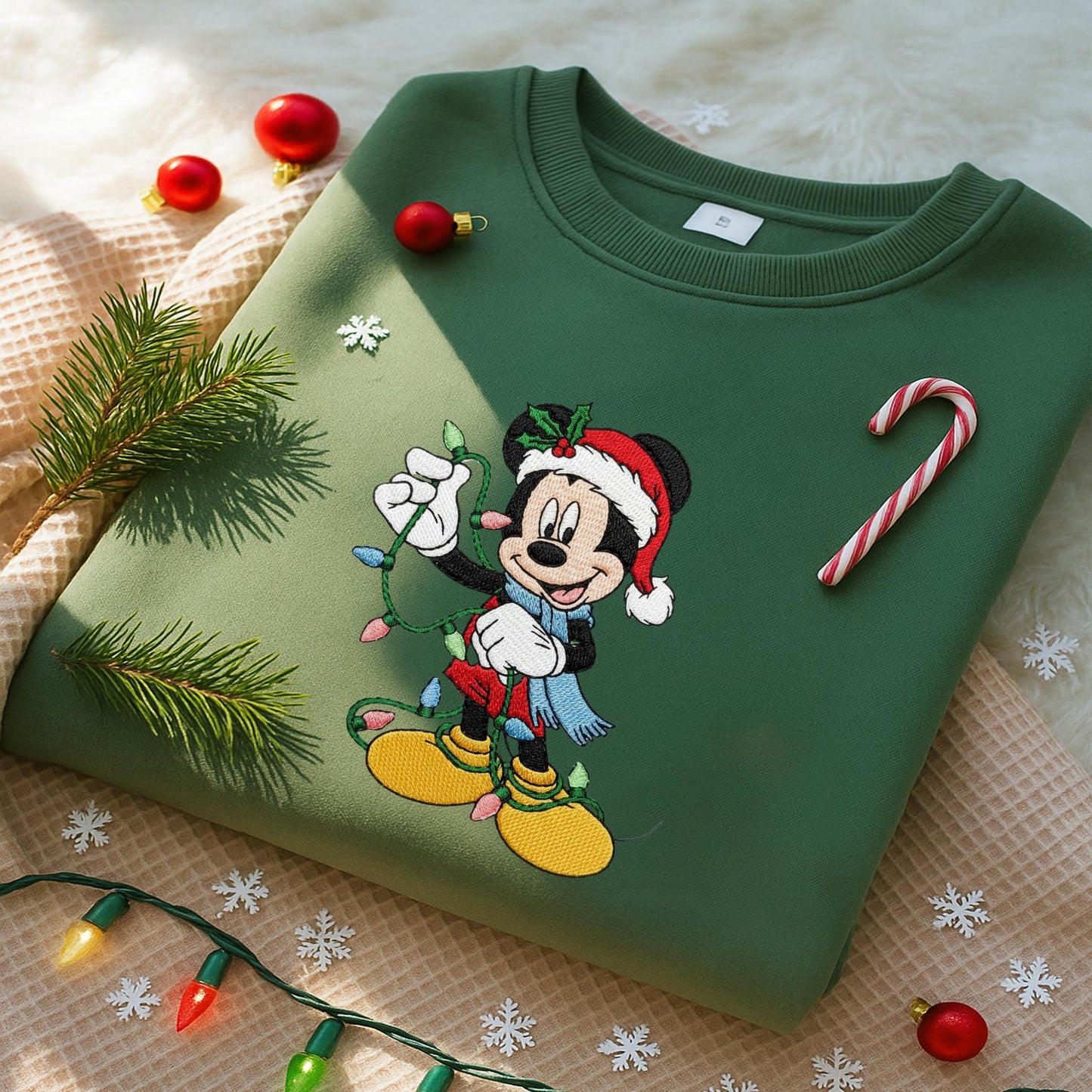 Mickey Mouse Christmas Embroidered Sweatshirt, Disney Holiday Crewneck, Christmas Lights Embroidery Pullover, Cute Winter Gift for Disney Fans
