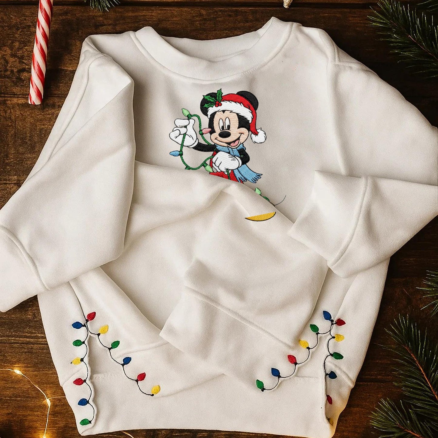 Mickey Mouse Christmas Embroidered Sweatshirt, Disney Holiday Crewneck, Christmas Lights Embroidery Pullover, Cute Winter Gift for Disney Fans