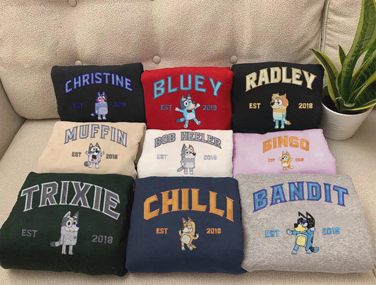 Bluey Family Characters Embroidered Shirts, Bluey and Bingo