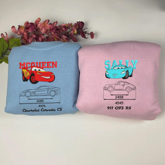 Mcqueen and Sally Embroidered Sweatshirt, Gifts For Couples Who Love Cars Movies