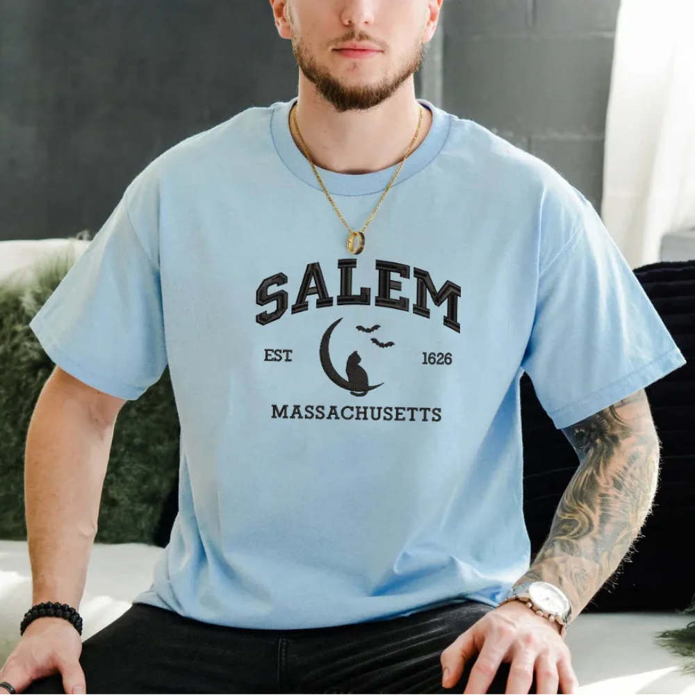 Light Blue T-shirt With Salem Massachusetts Est 1626 Black Embroidery 