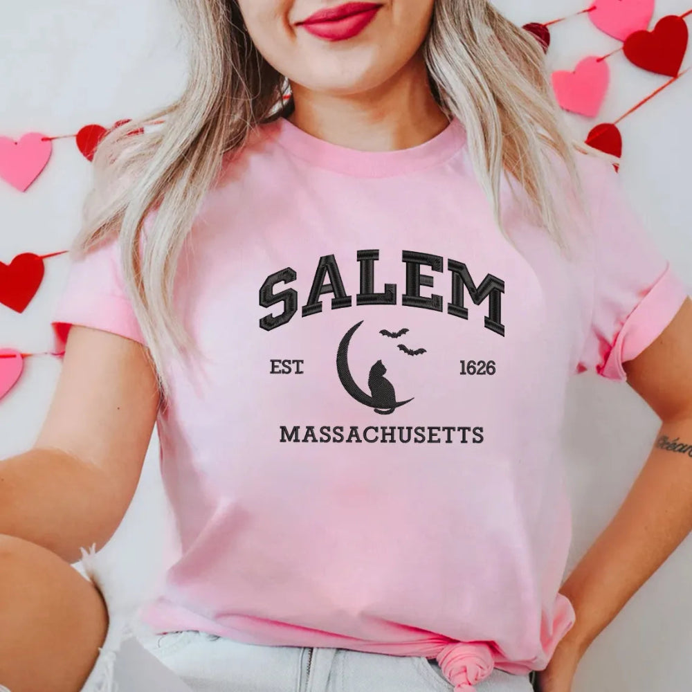 Pink T-shirt With Salem 1626 Witch Cat Embroidered On Model