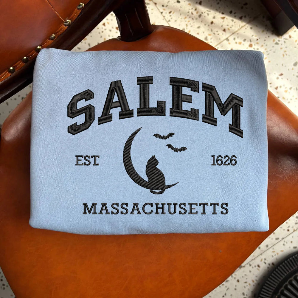 Light Blue Sweatshirt With Salem Witchy Moon Cat Embroidered Folded 