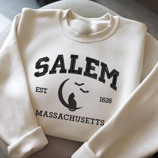 White Sweatshirt With Salem 1626 Retro Witch Design Embroidered Folded 