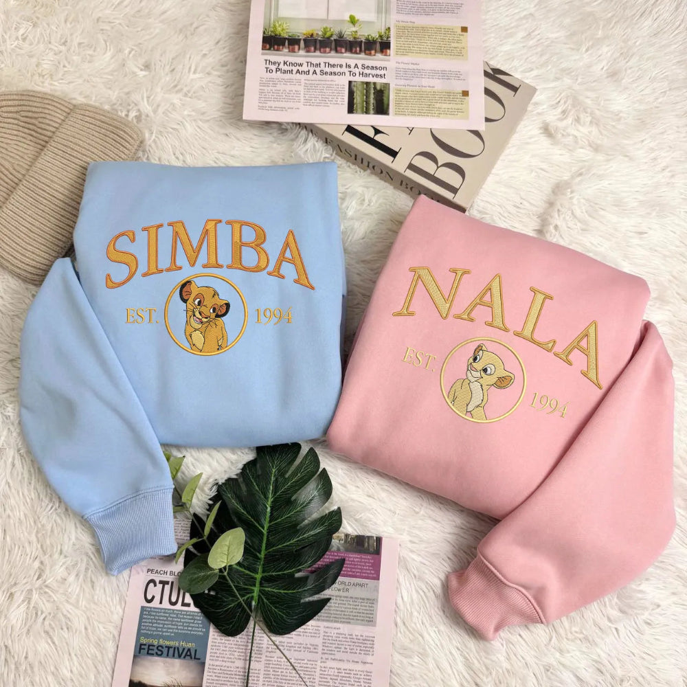 Blue, Pink Sweatshirts With Simba And Nala Embroidered Est 1994