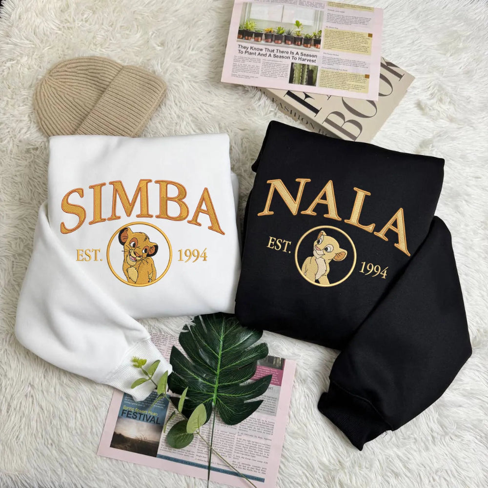 White And Black Sweatshirts Featuring Simba And Nala Circle Designs
