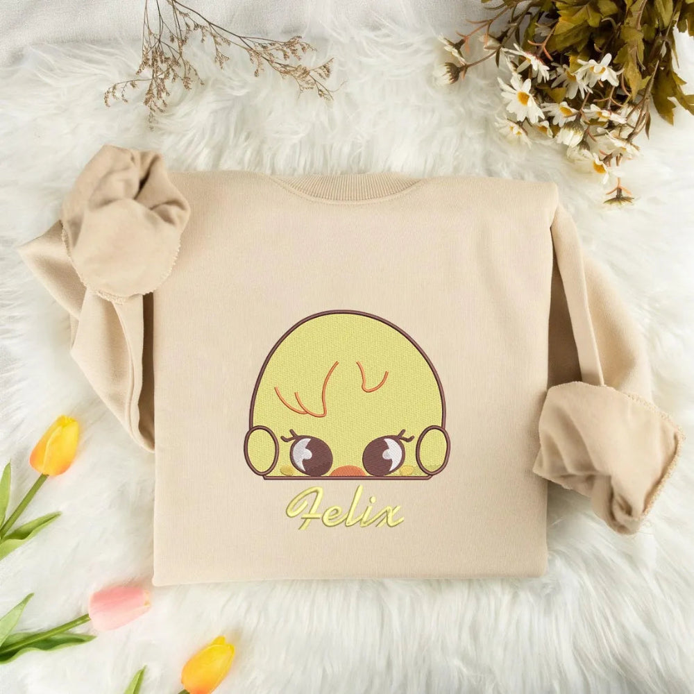 Sand Sweatshirt Showcasing Sweet Peeking Chick Felix
