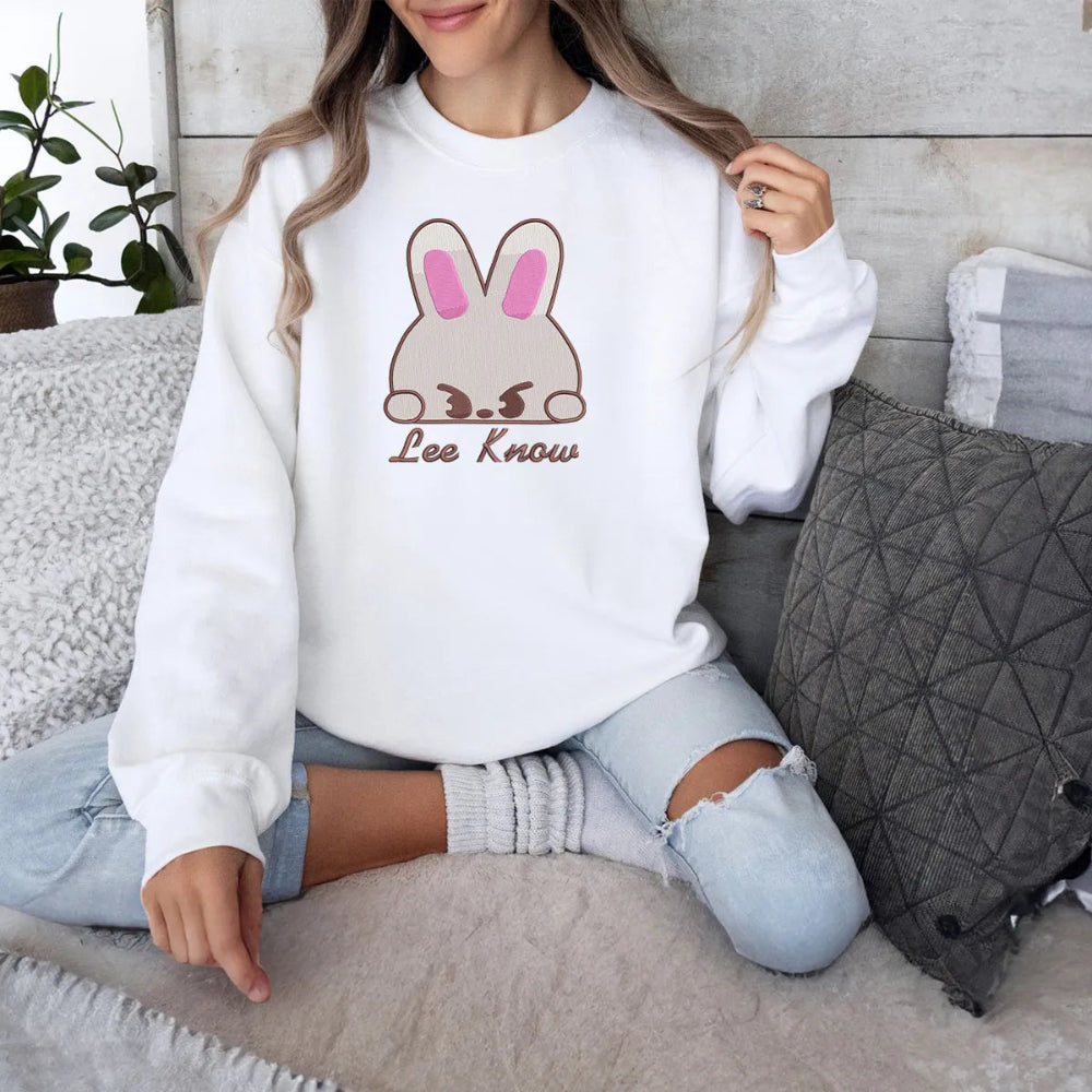 White Sweatshirt Highlighting Fierce Peeking Bunny Lee Know
