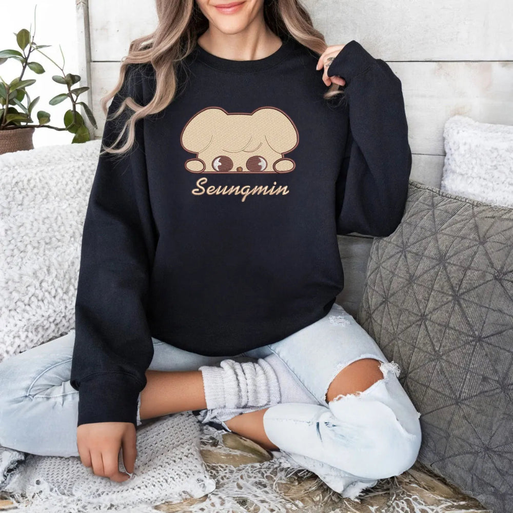Balck Sweatshirt With Cute Peeking Seungmin Bear Embroidery
