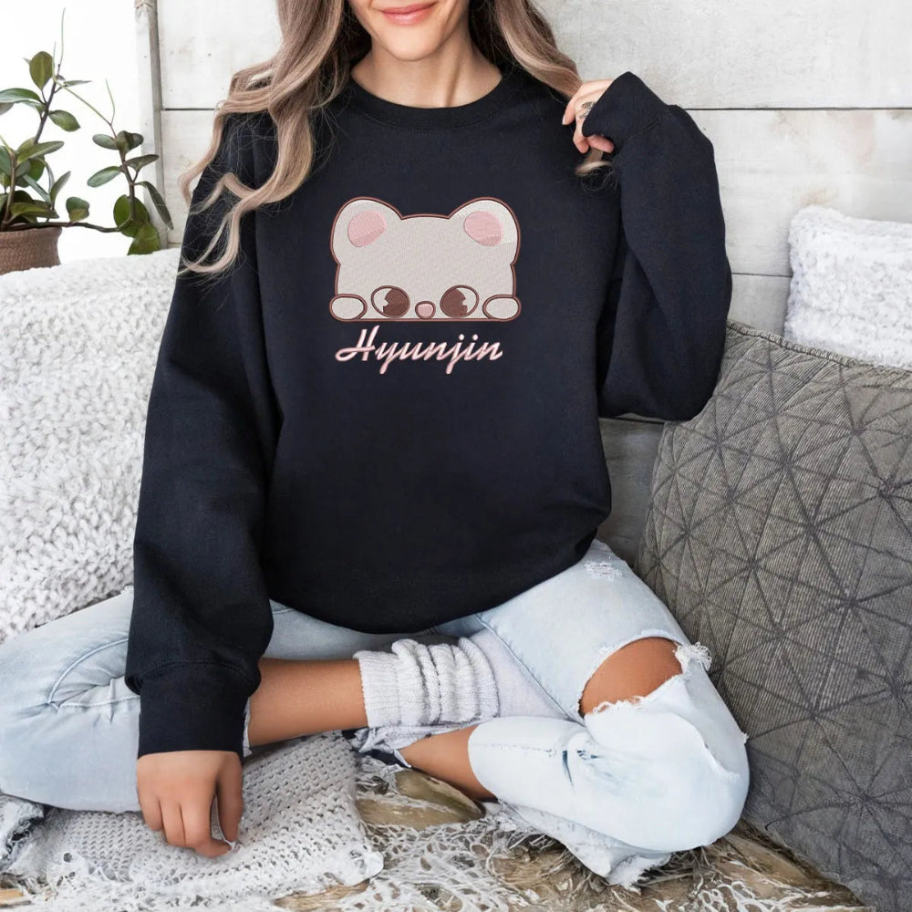 Black Sweatshirt Displaying Playful Peeking Hyunjin Bear
