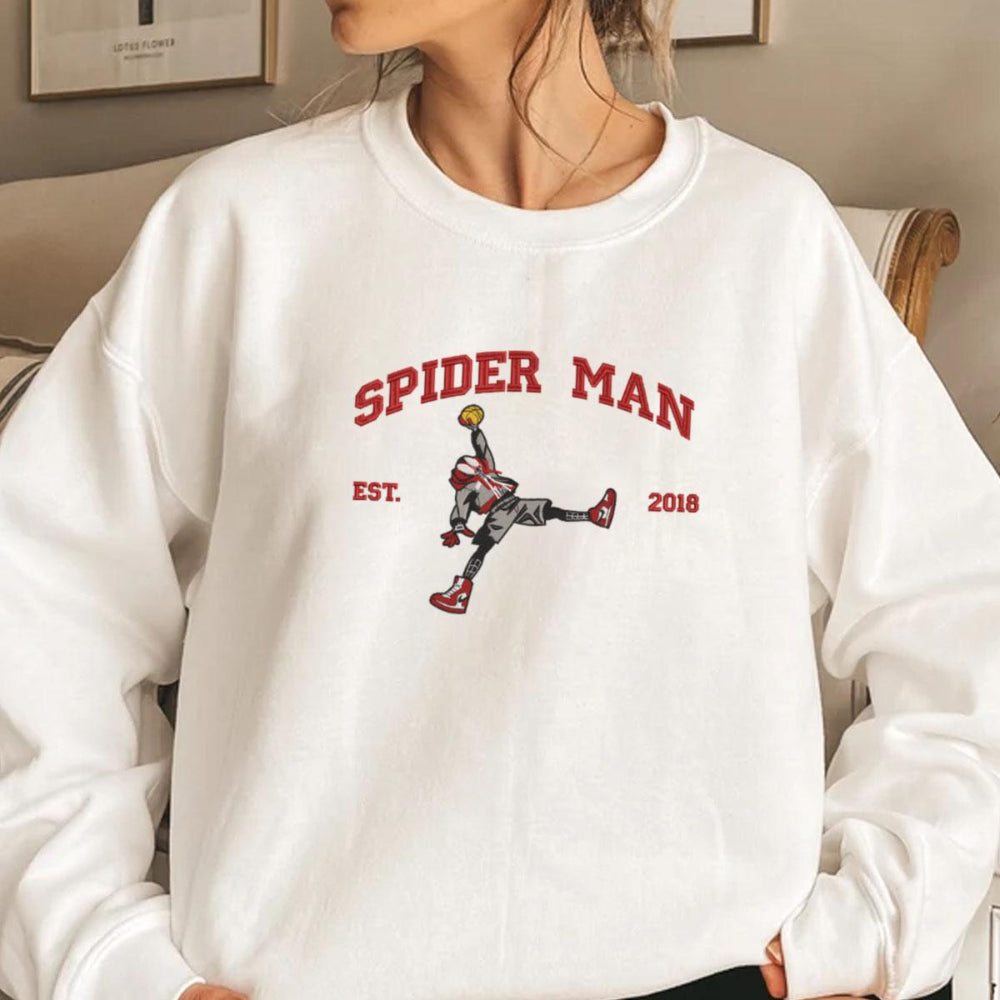 White Spider Man 2018 Crewneck Cozy Model Indoor Shot