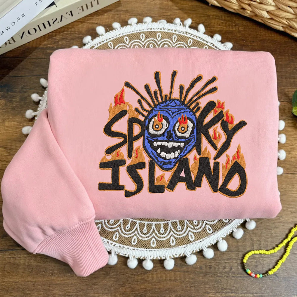 Pink Sweatshirt With Spooky Island Blue Face Flames Embroidered