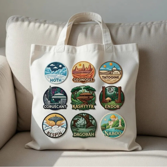 ToteBag Adorned With Nine Star Wars Planet Travel Badges Collection
