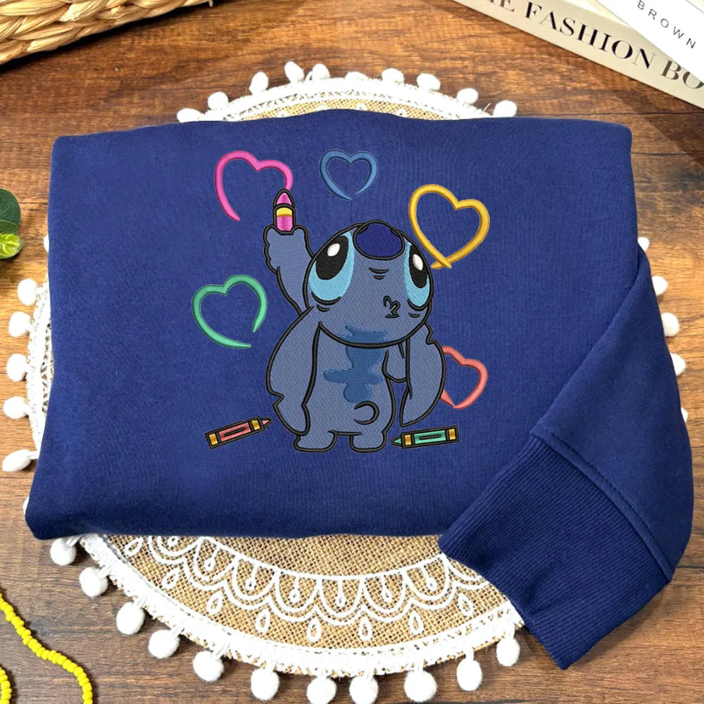 Navy Pullover With Vibrant Embroidered Stitch And Heart Shapes