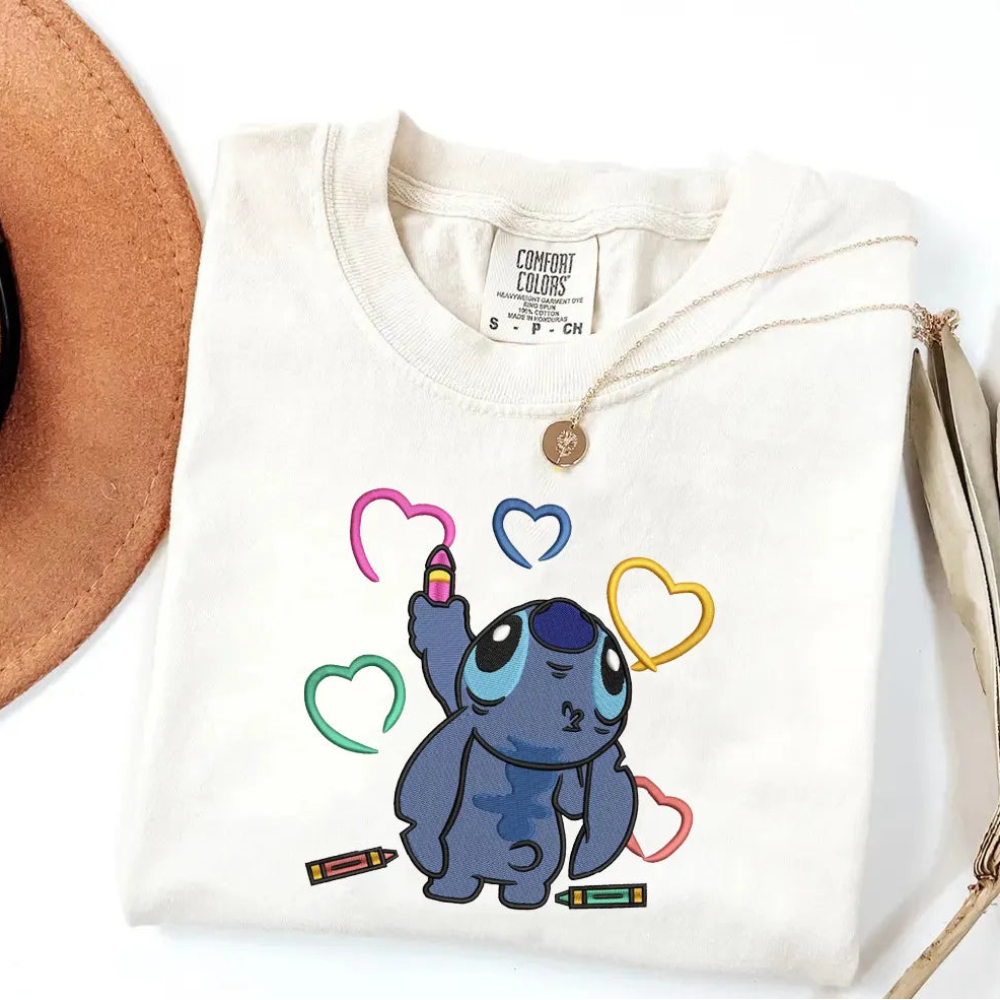 White Comfort Colors Shirt With Stitch Drawing Colorful Hearts Embroidery