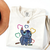 White Comfort Colors Shirt With Stitch Drawing Colorful Hearts Embroidery