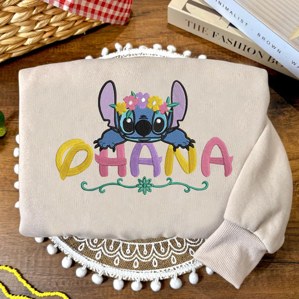 Sand Pullover Sweater Displaying Cute Stitch Peeking Ohana Lettering
