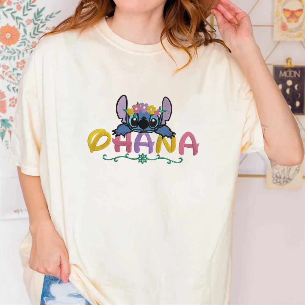 Sand Oversized T-Shirt Featuring Stitch With Flower Crown Embroidery