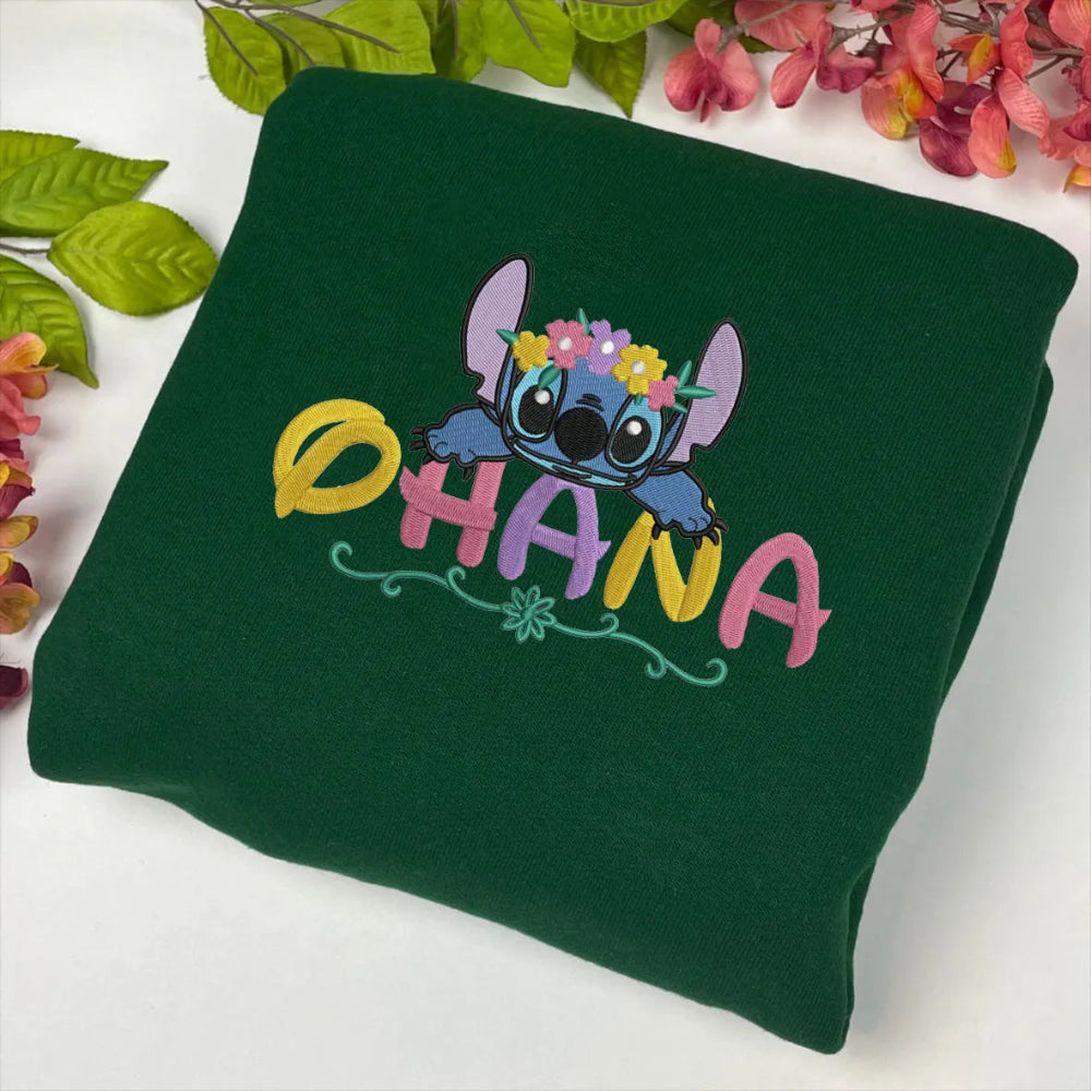 Forest Green Crewneck Sweatshirt Showing Playful Stitch Ohana Design