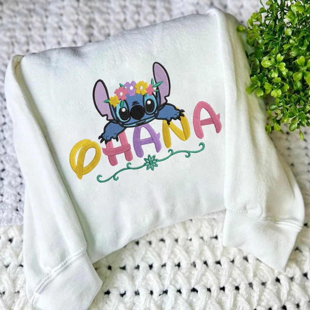 White Sweatshirt With Colorful Embroidered Stitch And Ohana Text
