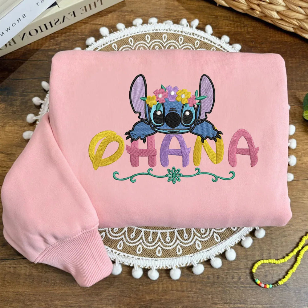 Light Pink Cozy Sweatshirt With Vibrant Stitch And Ohana Embroidery