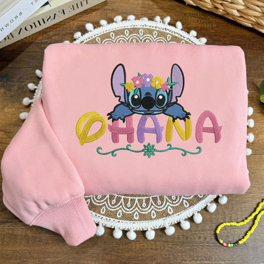 Light Pink Cozy Sweatshirt With Vibrant Stitch And Ohana Embroidery