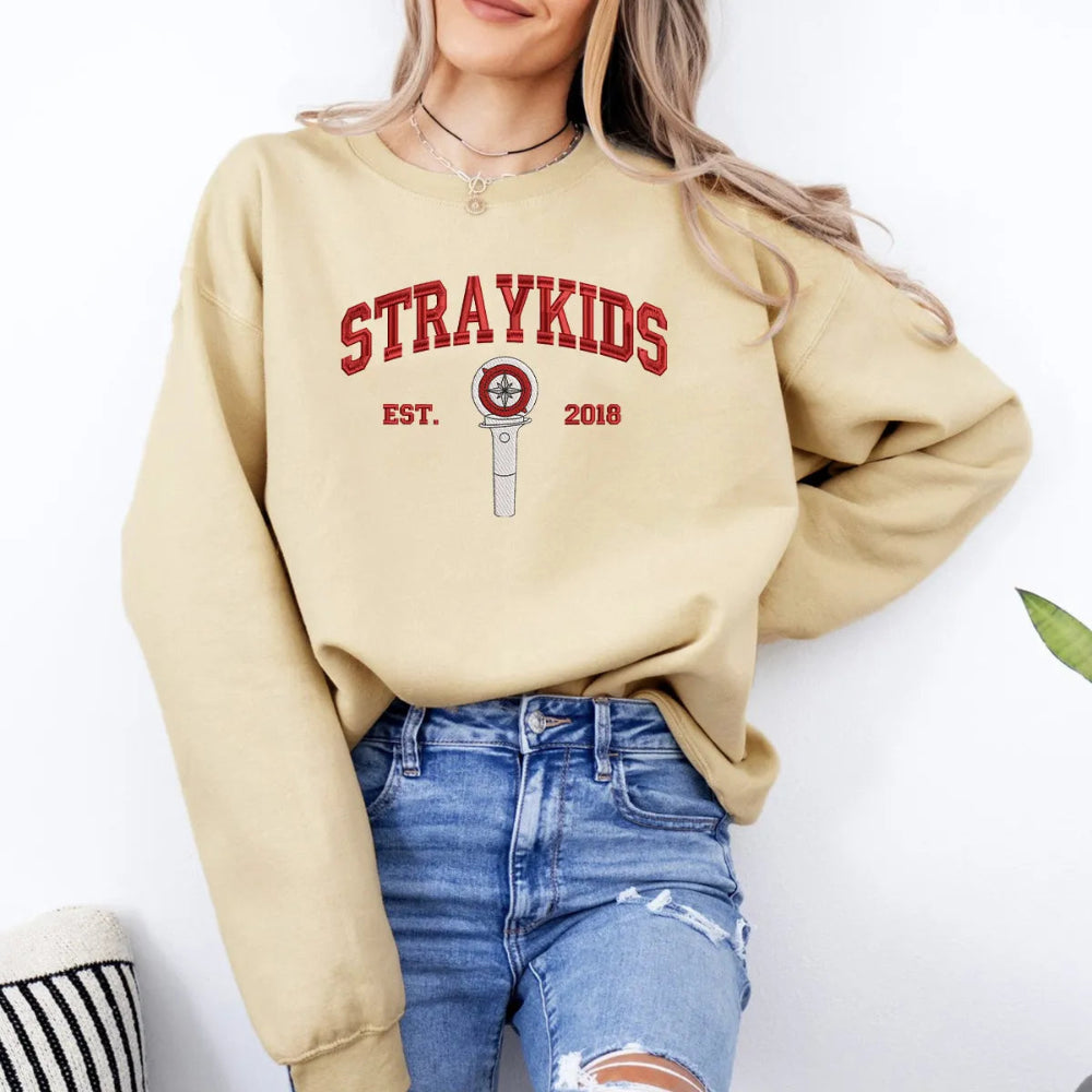 Sand Cozy Sweatshirt Highlighting Embroidered Stray Kids Lightstick, Est 2018
