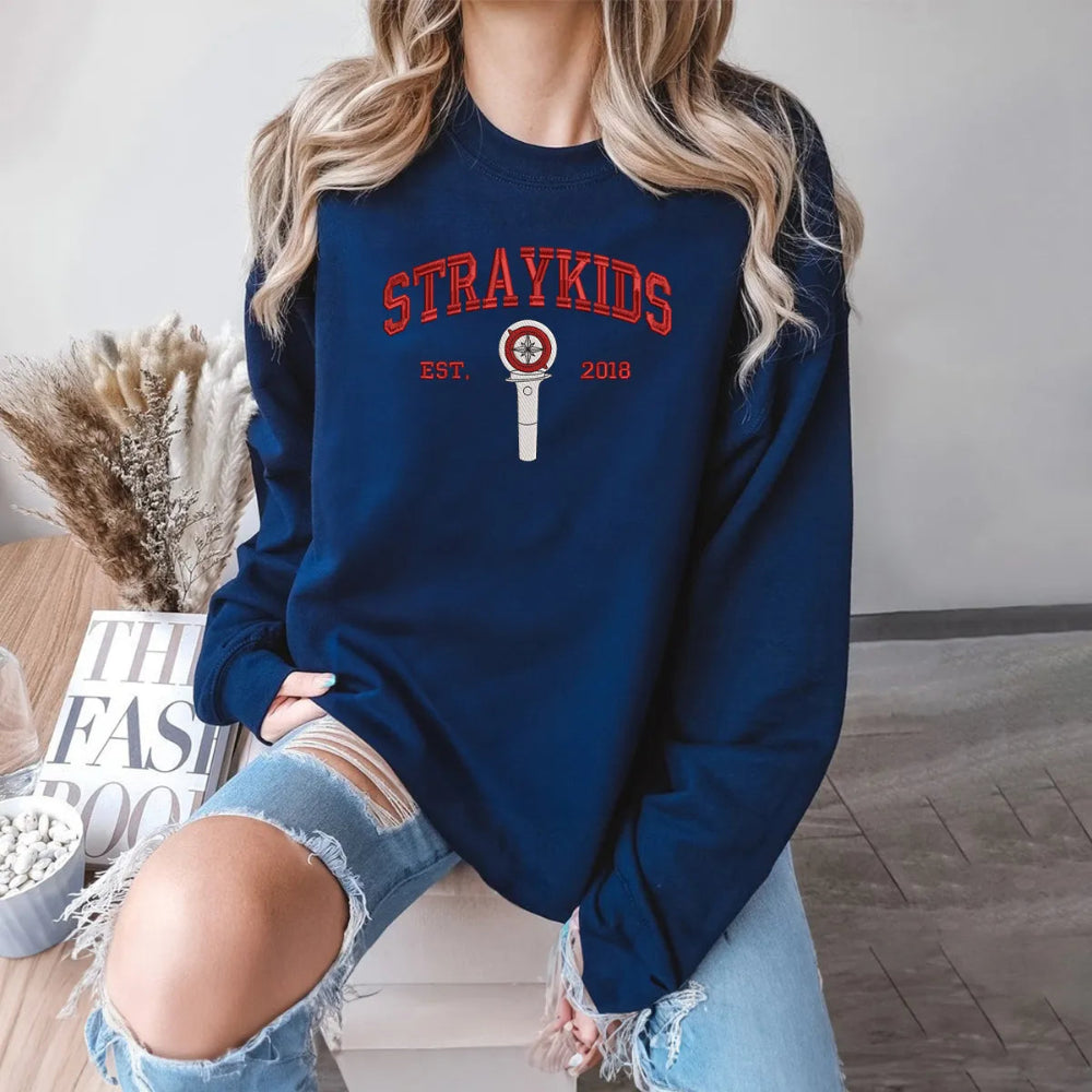 Navy Sweatshirt Showcasing Red Stray Kids Lightstick And Arched Lettering