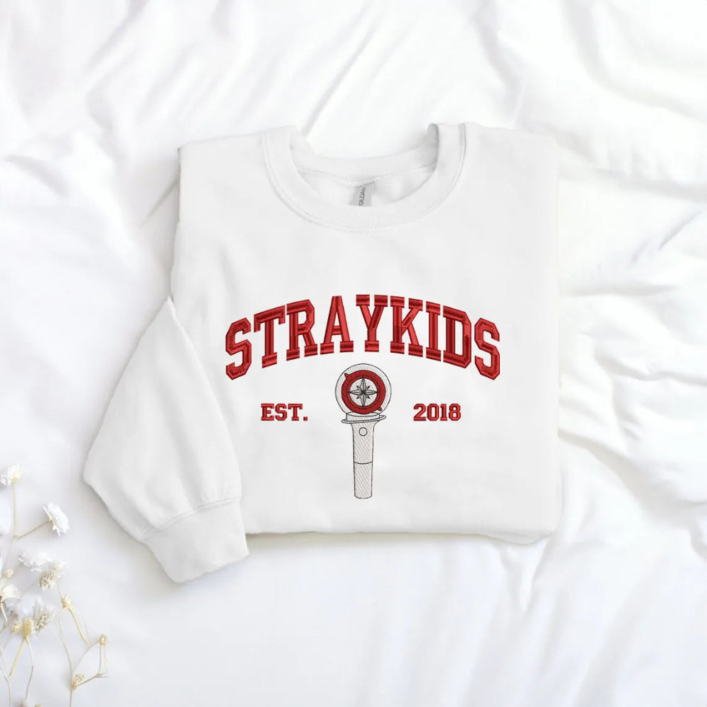 Sweatshirt With Bold Red Stray Kids Lightstick Est 2018 Embroidery